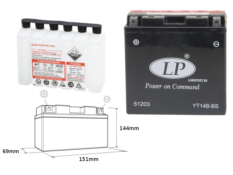 LANDPORT akumulátor YT14B-BS (MA LT14B-BS) 12V 12AH 150X69X145 bezúdržbový - elektrolyt zvlášť (4) UE48 (190A)